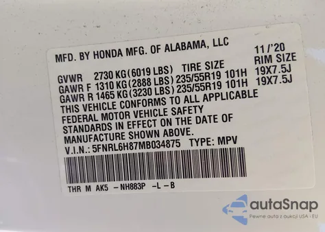 2021 Honda Odyssey Touring z USA, uszkodzony, nr VIN 5FNRL6H87MB034875